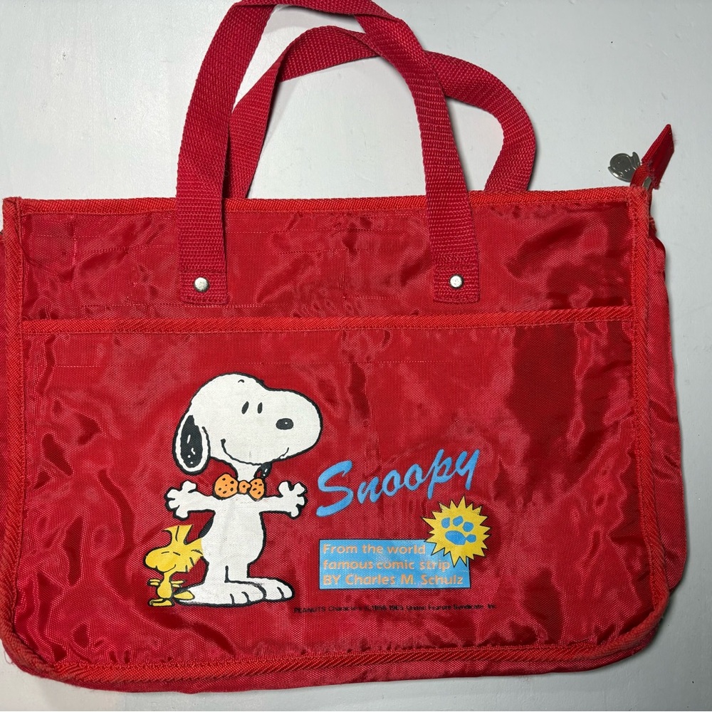 Vintage 80s Snoopy Peanuts Red Nylon Tote Bag - Woodstock - Rare Zipper Pull